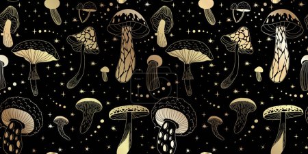 Seamless pattern with various mystical mushrooms. Hippie magic boho wall art background. Psychedelic vector illustration. Magic and boho texture. Hand drawn style graphic set
