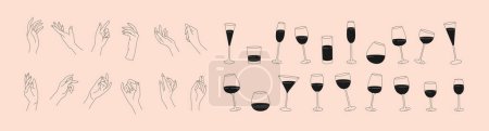 Téléchargez les illustrations : Collection of different woman hands gestures and wineglass or drink cocktails. Minimal linear trendy style. Line icons or symbol of female hand for logo in restaurant or bar. Vector illustration - en licence libre de droit