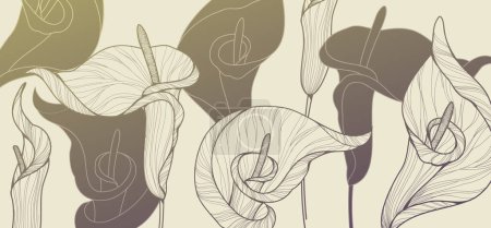 Téléchargez les illustrations : Botanical line bakground with calla flowers and leaves. Floral foliage for wedding invitation, wall art or card template. Vector illustration. Luxury rustic trendy art - en licence libre de droit