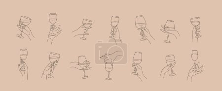 Téléchargez les illustrations : Collection de différentes mains de femme gestes tenir verre à vin ou boire des cocktails. Style linéaire minimaliste à la mode. Icônes de ligne ou symbole de la main féminine pour le logo dans le restaurant ou le bar. Illustration vectorielle - en licence libre de droit