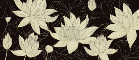 Illustration for Botanical line bakground with lotus or water lily flowers and leaves. Floral foliage for wedding invitation, wall art or card template. Vector illustration. Luxury rustic trendy art - Royalty Free Image