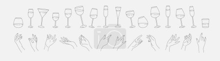 Téléchargez les illustrations : Collection of different woman hands gestures and wineglass or drink cocktails. Minimal linear trendy style. Line icons or symbol of female hand for logo in restaurant or bar. Vector illustration - en licence libre de droit