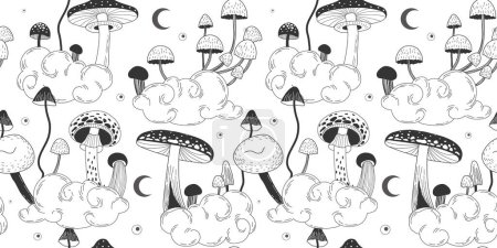 Illustration for Seamless pattern with various mystical mushrooms. Hippie magic boho wall art background. Psychedelic vector illustration. Magic and boho texture. Hand drawn style graphic set - Royalty Free Image