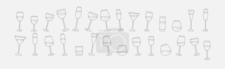 Illustration for Collection of different glass and wineglass or drink cocktails. Minimal linear trendy style. Line icons for logo in restaurant or bar. Vector illustration - Royalty Free Image