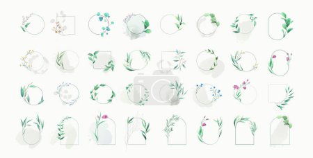 Illustration for Set of luxury green leaves and flowers elements in watercolor style. Aquarelle trendy greenery branches and frame. Vector isolated on white background for Invitation, greeting card, save the date. - Royalty Free Image