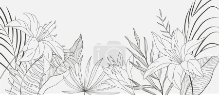 Téléchargez les illustrations : Botanical line bakground with flowers and leaves. Floral foliage for wedding invitation, wall art or card template. Vector illustration. Luxury rustic trendy art - en licence libre de droit