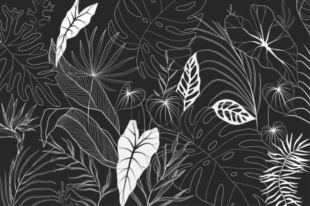 Ilustración de Conjunto de Rama tropical floral de palma y hojas en silueta y estilo de línea. Las hojas exóticas elegantes dibujadas a mano para la invitación guardan el diseño de la tarjeta de fecha. vector de vegetación de moda botánica - Imagen libre de derechos