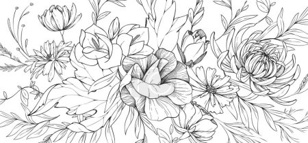 Ilustración de Panadería floral con ramo de varias flores. Follaje botánico para invitación a la boda, arte mural o papel pintado. Ilustración vectorial. Arte de tinta de lujo - Imagen libre de derechos