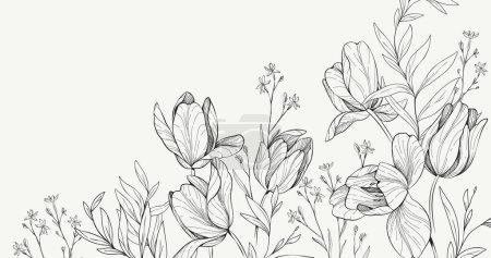 Illustration for Floral bakground or wallpaper with bouquet of various tulip. Flowers and foliage for wedding invitation or wall art. Vector illustration. Luxury inked art - Royalty Free Image