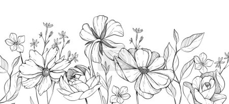 Ilustración de Panadería floral con ramo de varias flores. Follaje botánico para invitación a la boda, arte mural o papel pintado. Ilustración vectorial. Arte de tinta de lujo - Imagen libre de derechos