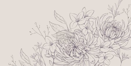 Ilustración de Panadería floral o fondo de pantalla con ramo de crisantemo y varias flores. Follaje botánico para invitación a la boda o arte mural. Ilustración vectorial. Arte de tinta de lujo - Imagen libre de derechos