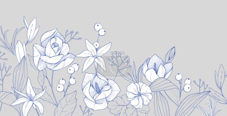 Illustration for Floral bakground or wallpaper with bouquet of various flowers. Botanical foliage for wedding invitation or wall art. Vector illustration. Luxury inked art - Royalty Free Image