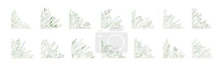 Illustration for Set of floral corner, botanical decoration with flowers and branch. Hand drawn herb, homeplant with elegant leaves. Botanical rustic trendy greenery vector illustration - Royalty Free Image