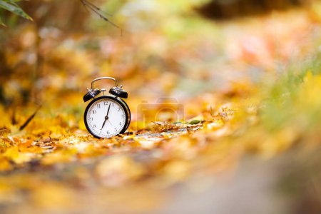 Foto de Tiempo de otoño o concepto de tiempo de otoño. Reloj despertador vintage color negro en el fondo de otoño. - Imagen libre de derechos