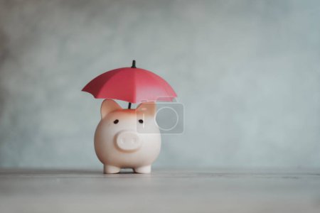 A red umbrella covering a piggy bank. Money protection and safety concept
