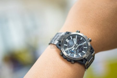 Photo for Bangkok, Thailand - May 5, 2023 : Luxury Watch Casio edifice watch brand a model of a ECB-2000DC-1A on man hand, Close up - Royalty Free Image