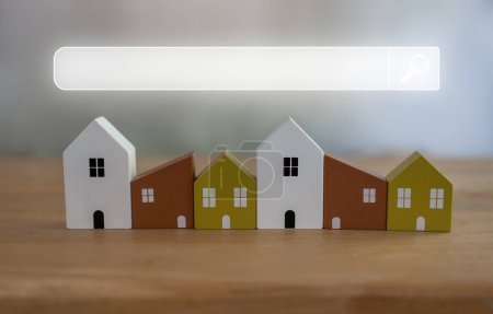Photo for Concept of looking for real estate agency, property insurance or new house, residence. Searching home and land buying, rental, check price survey, mortgage. Search engine bar with miniature house - Royalty Free Image