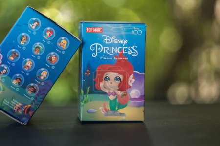 Photo for Bangkok, Thailand - October 27, 2023: Two box of POP MART Disney 100th anniversary Princess Childhood Series Figures Blind Box against nature background - Royalty Free Image