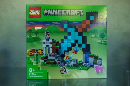 Photo for Bangkok, Thailand - January 7, 2024 : A green box of LEGO Minecraft The Sword Outpost 21244. Characters of the game Minecraft. LEGO is a Danish toy production company based - Royalty Free Image