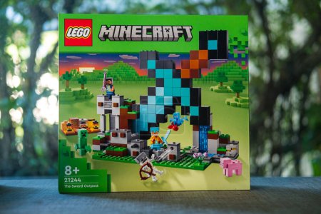 Photo for Bangkok, Thailand - January 9, 2024 : A green box of LEGO Minecraft The Sword Outpost 21244. Characters of the game Minecraft. LEGO is a Danish toy production company based - Royalty Free Image