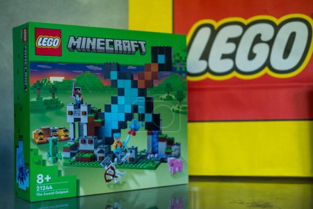 Photo for Bangkok, Thailand - January 19, 2024 : A green box of LEGO Minecraft The Sword Outpost 21244. Characters of the game Minecraft. LEGO is a Danish toy production company based - Royalty Free Image