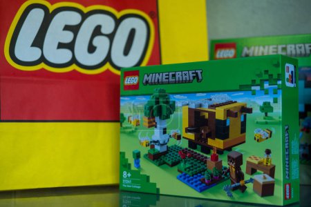 Photo for Bangkok, Thailand - January 19, 2024 : A box of LEGO Minecraft The Bee Cottage number of 21241. Action-packed set featuring Minecraft iconic bees. Lego is a popular line of construction - Royalty Free Image