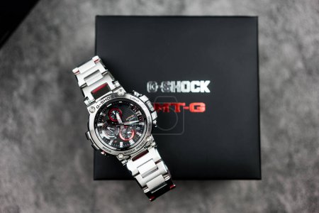 Photo for Bangkok, Thailand - February 3, 2024 : Casio G-Shock model MTG-B1000D-1ADR, stainless steel wristwatch. G-Shock is a line of watches manufactured by Casio. - Royalty Free Image