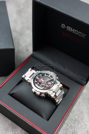 Photo for Bangkok, Thailand - February 14, 2024 : Casio G-Shock model MTG-B1000D-1ADR, Silver wristwatch in black box. G-Shock is a line of watches manufactured by Casio. - Royalty Free Image
