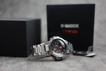 Photo for Bangkok, Thailand - February 14, 2024 : G-SHOCK watch model MTG-B1000D-1ADR. The MT-G series uses a soft, medium-sized composite band. Improves wear durability and resistant to vibration - Royalty Free Image