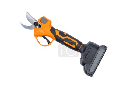 Photo for Red garden battery powered pruning shears, secateurs, pruner isolated on a white background. Gardening electric tool equipment. Pruning of vineyard or fruit tree. Top view isolated on white. - Royalty Free Image