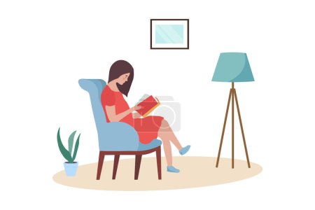 Ilustración de Mujer joven leyendo un libro en una silla en casa. El concepto de volver a casa, descanso y confort. Ilustración vectorial aislada - Imagen libre de derechos