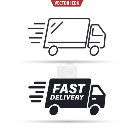 Ilustración de Línea de camiones de carga de envío rápido e icono plano. Ilustración vectorial aislada para aplicaciones y sitios web. - Imagen libre de derechos