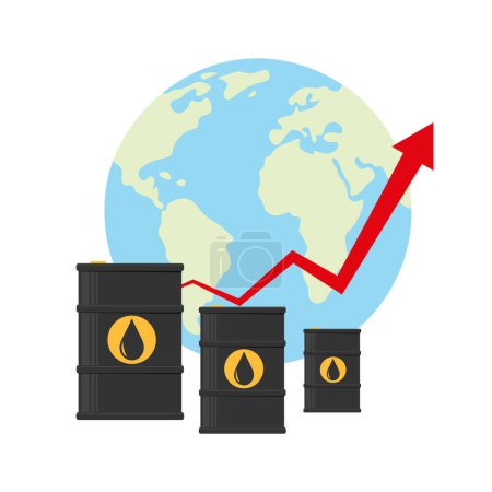 Illustration for Oil prices rise concept. Barrels of crude oil or oil price increase, high demand in crisis. Earth, oil container and arrow up. Vector illustration - Royalty Free Image
