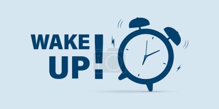 Wake up time badge. Alarm clock with banner Wake up. Morning time. Ringing alarm clock. Isolated vector illustration.