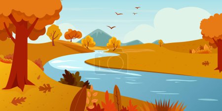 River water flow and mountain autumn landscape illustration. Falling leaves from tree scene and beautiful stream near meadow or slate. Vector illustration