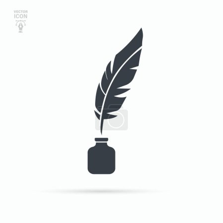 Feather and ink bottle icon. Black inkwell. Isolated vector illustration.