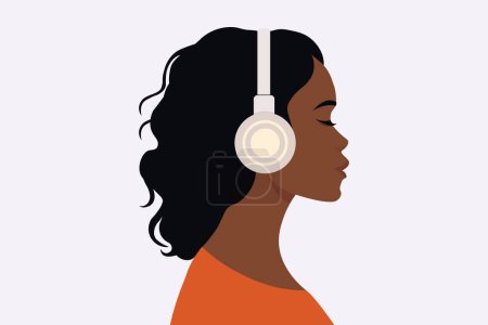 Téléchargez les illustrations : Fille écoute de la musique dans les écouteurs. Thérapie musicale. Profil d'une jeune femme africaine. Podcast, livre audio, radio, concept de méditation. Illustration vectorielle plate - en licence libre de droit