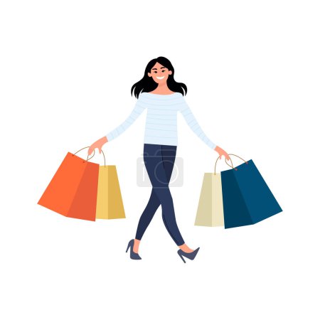 Illustration for Woman walking with lots of shopping bags. Happy Woman or girl is shopping. Vector Illustration. - Royalty Free Image