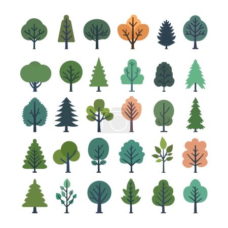 Garden or park landscaping elements. Tree icons set in a modern flat style. A large set of various trees. Vector illustration