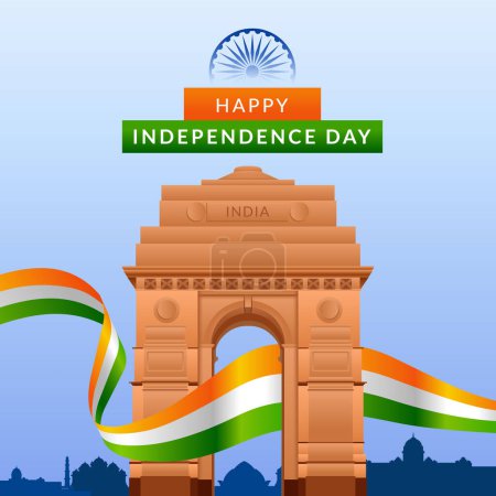 Illustration for Independence day of India greeting with tricolor Indian flag. 15th August template for website and social media. - Royalty Free Image