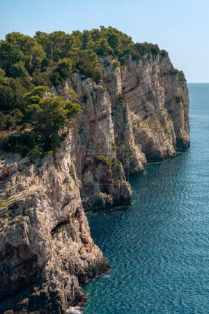 Foto de Rocas de verano, acantilados con árboles verdes y olas del mar Adriático, naturaleza costera de la isla de Dugi otok, Parque Nacional de Telascica, Croacia - Imagen libre de derechos