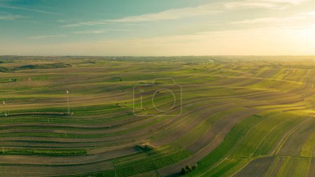 Campos agrícolas al horizonte al atardecer, vista aérea de la tierra de la aldea Suloszowa en el condado de Cracovia, Polonia