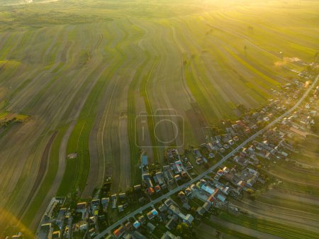 Top view of Suloszowa village and buildings in summer sun rays, farm green and yellow landscape of Krakow County, Poland
