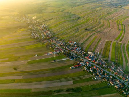 Téléchargez les photos : Vue aérienne du coucher du soleil sur les maisons, les fermes de vaches et les parcelles le long de la route du village de Suloszowa dans le comté de Cracovie, en Pologne - en image libre de droit