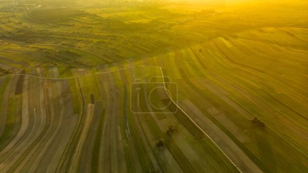 Aerial drone point of view of Suloszowa village and fields in sunlight. Aero photo of farming region Krakow County in Poland