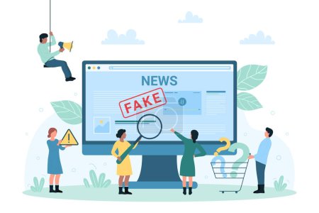 Fake News, falsche irreführende Informationen, die Online-Vektorillustration verbreiten. Karikaturen winziger Menschen mit Lupe überprüfen Falschmeldungen, Desinformationen auf Webseiten oder in sozialen Medien auf dem Computerbildschirm