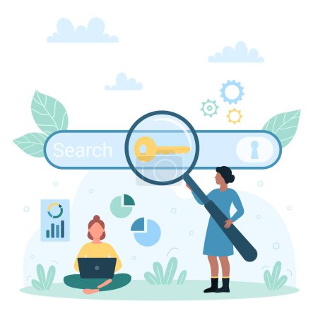 SEO, Search Engine Optimization for website content vector illustration. Cartoon tiny people looking through magnifying glass at key in browser search bar, working with laptop on keywords analysis