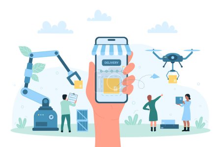 Illustration for Smart delivery service vector illustration. Cartoon hand with phone tracking package transfer, tiny people with checklist and machines work in warehouse, drone and robot arms unloading boxes - Royalty Free Image