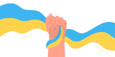 Illustration for Raising hand with Ukraine Flag ribbon. Glory to Ukraine, Save Ukrainians, Stop War vector illustration - Royalty Free Image