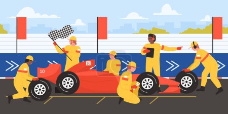 Illustration for Car repair at sport races by professional team of mechanics in uniform vector illustration. Cartoon workers of technical maintenance crew with equipment change tires of red fast automobile on track - Royalty Free Image